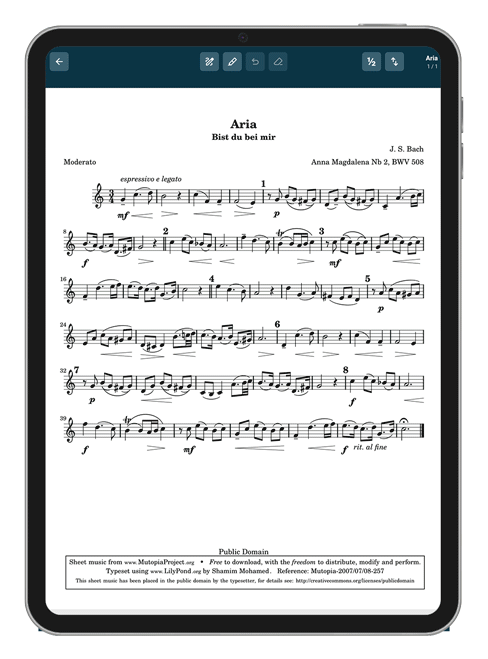 Bladmuziek in de Musicuro-app op een tablet